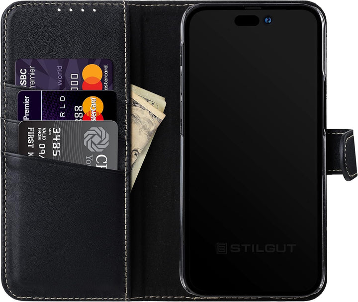 STILGUT Talis kompatibel mit iPhone 14 Plus (6.7") Hülle mit Kartenfach aus Leder, Flip Cover, Handy