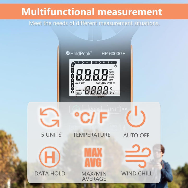 HOLDPEAK Anemometer HP-6000GHB Digitales Anemometer – Windgeschwindigkeits- und Luftstrommesser, Tem