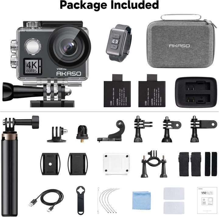 AKASO V50 Elite Action Cam,4K60FPS 20MP Unterwasserkamera mit 60cm Stativ Selfie Stick und Tasche Wi