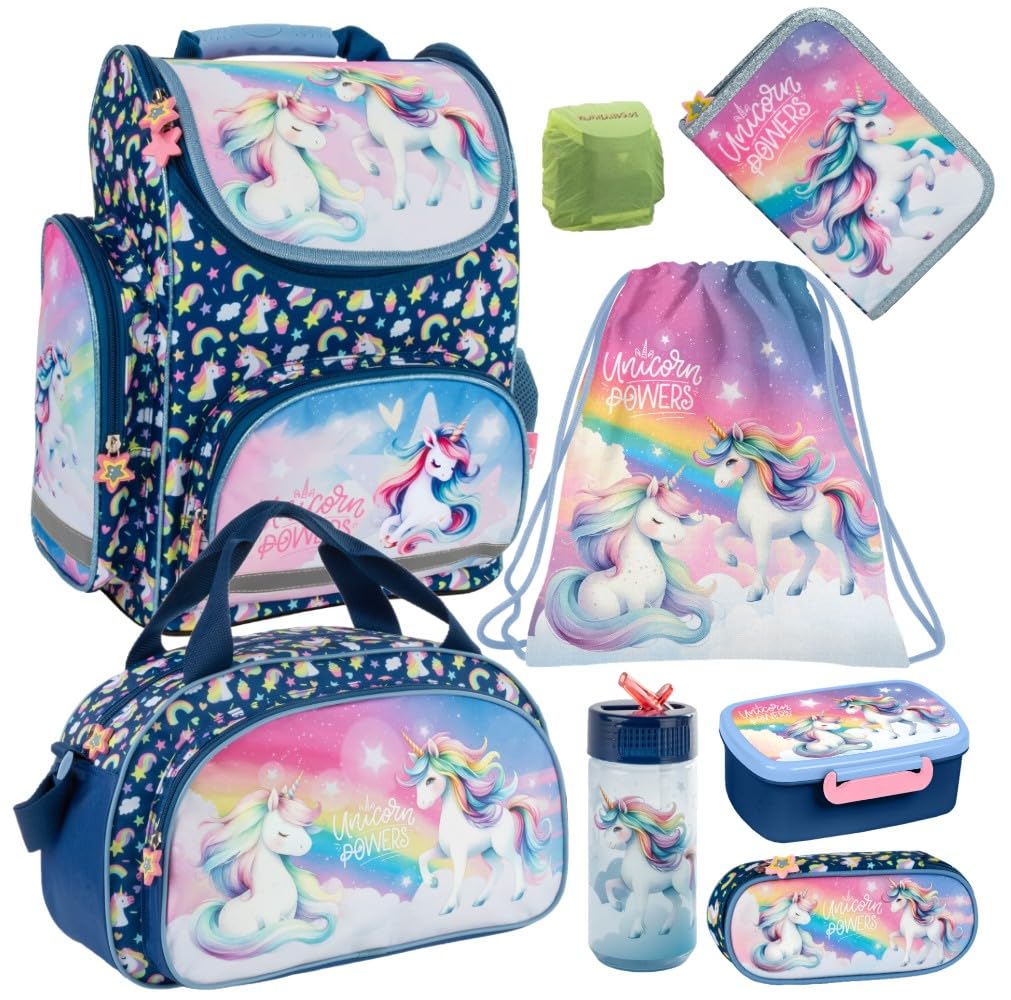 Familando Mädchen Schulranzen-Set Unicorn Einhorn Regenbogen, 8-teilig, ergonomischer Tornister mit