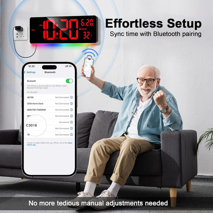 XREXS 16,5'' Grosse Digitale Wanduhr, automatische Zeitkalibrierung, rotes Digitaldisplay mit bunter