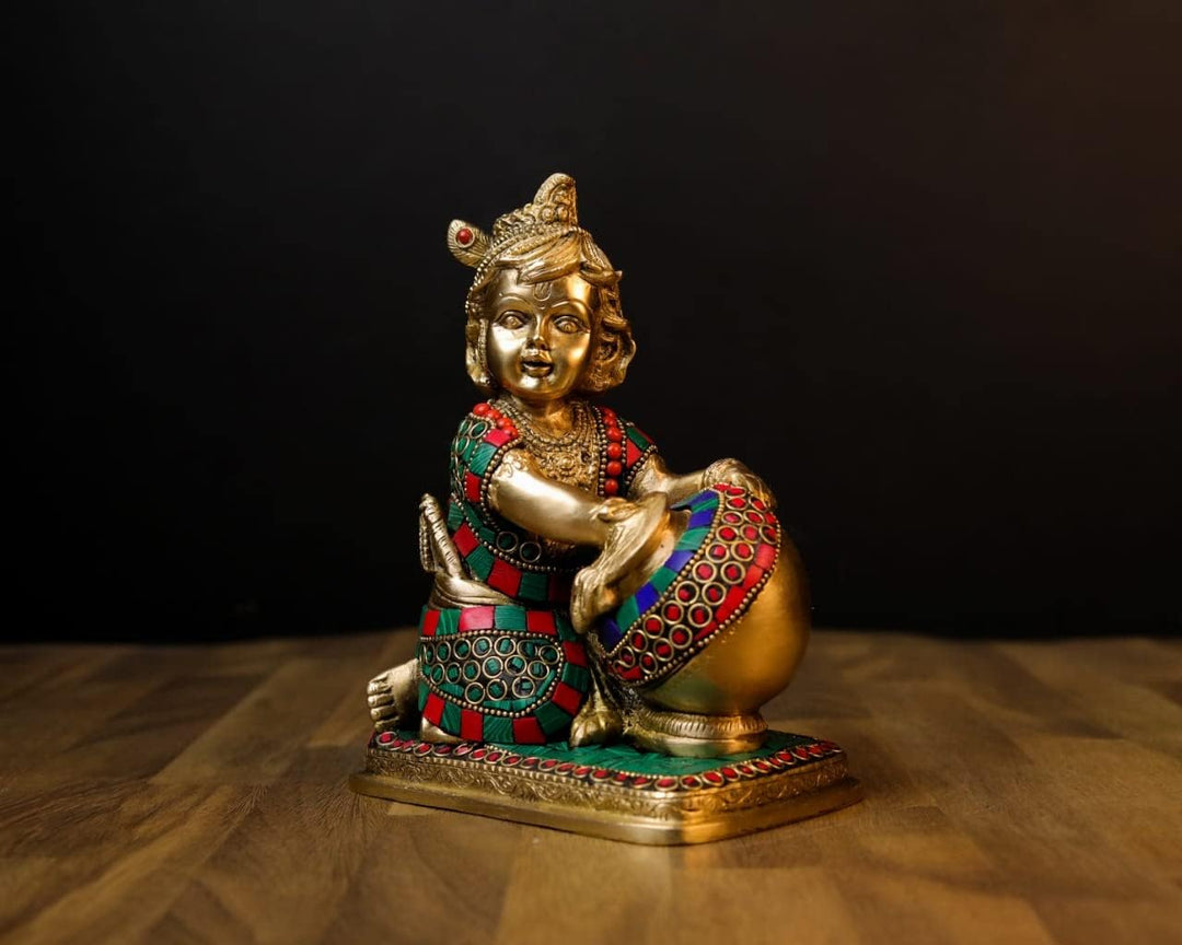 SHIVAJI ARTS Baby Krishna Ladu Gopal Statue, Messing, Steinarbeit, mehrfarbig, 19 cm, 1 Stück