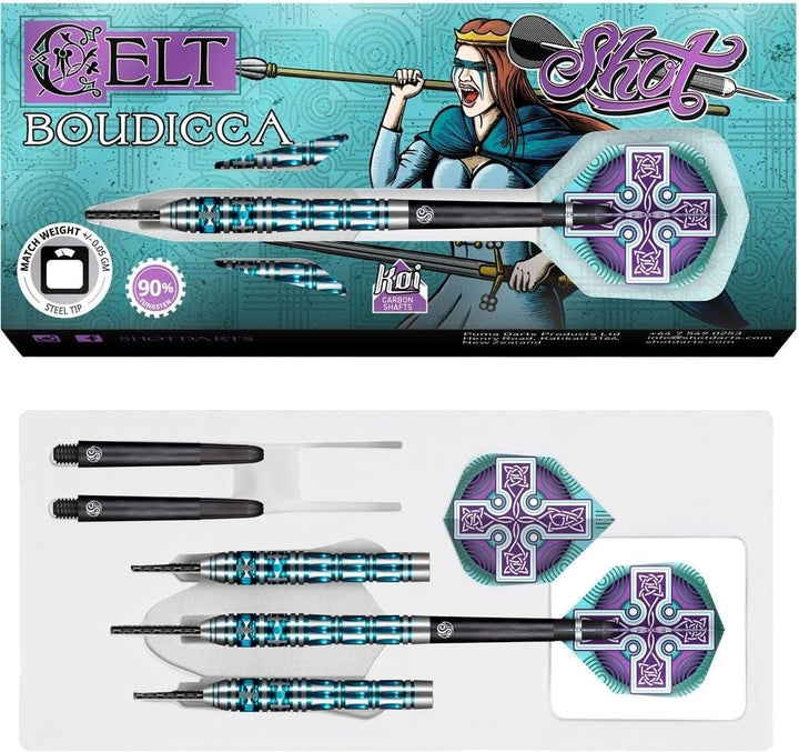 Shot Steel Darts Celt Boudicca 90% Tungsten Steeltip Darts Steeldart Dartpfeile Set mit Schäften und