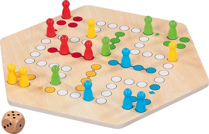 goki 56298 – Ludo für bis zu 6 Spieler aus Holz – Gesellschaftsspiel im XL-Format, Durchmesser ca. 3