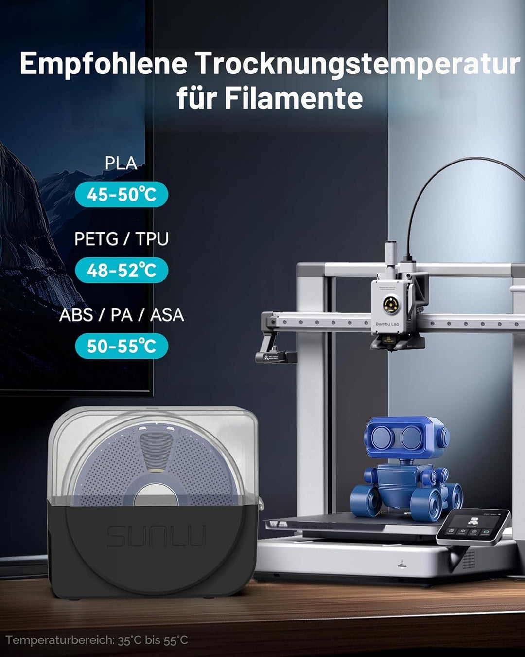 SUNLU Filament Trockner Box mit Ventilator für 3D Drucker Filament, Upgarded S1 PLUS Filament Trocke