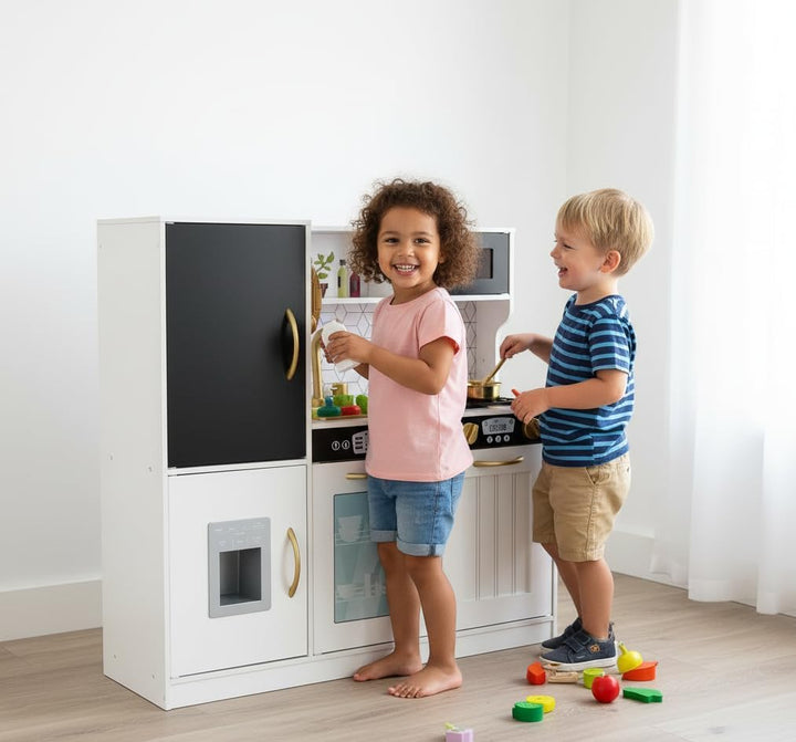 Leomark Kinderküche aus Holz MEMO White Spielküche mit goldenen Accessoires Holzküche für Kinder Spi