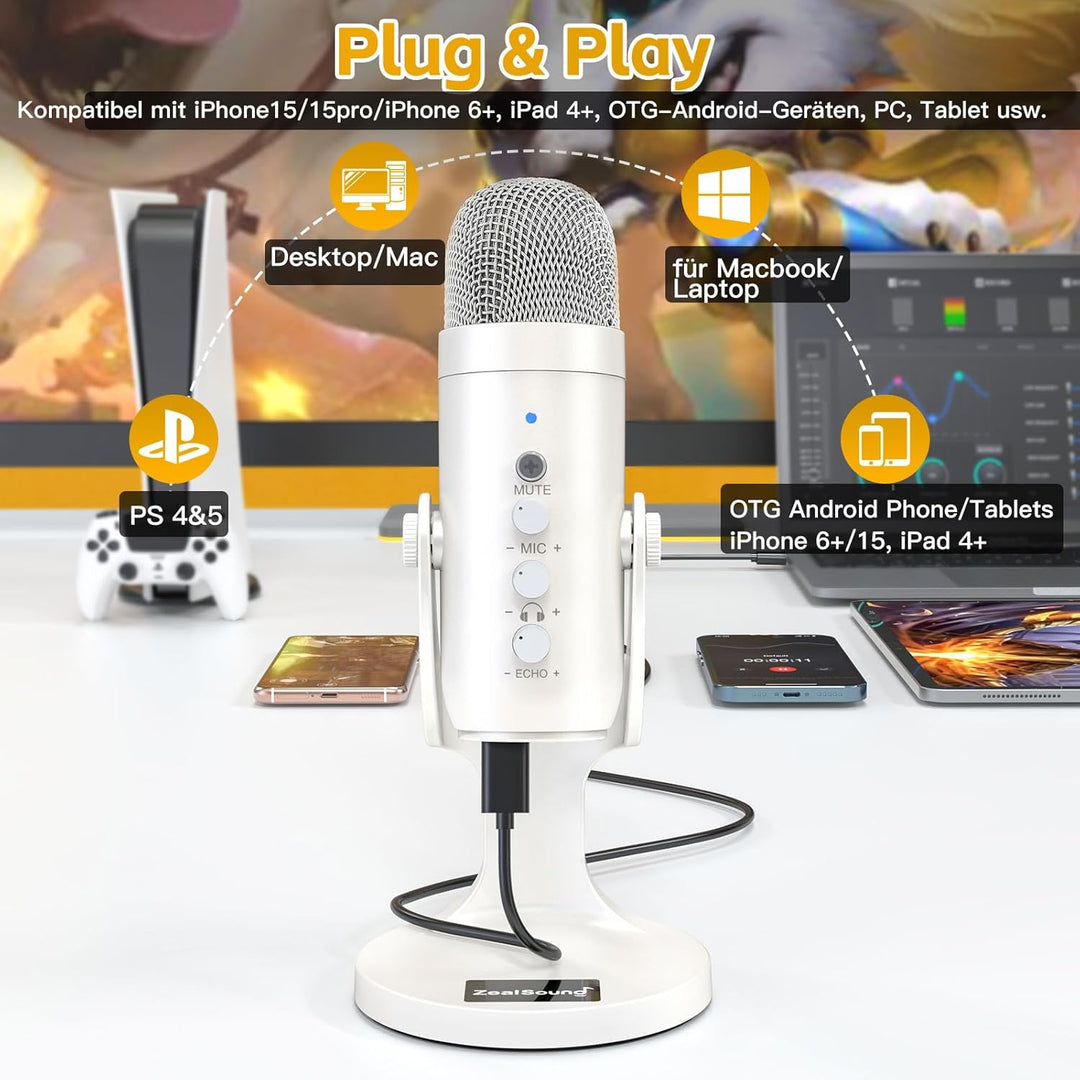 zealsound USB Mikrofon mit Rauschunterdrückung, Mute, Echo & Gain, für PC, Mac, iPhone, Android, PS4