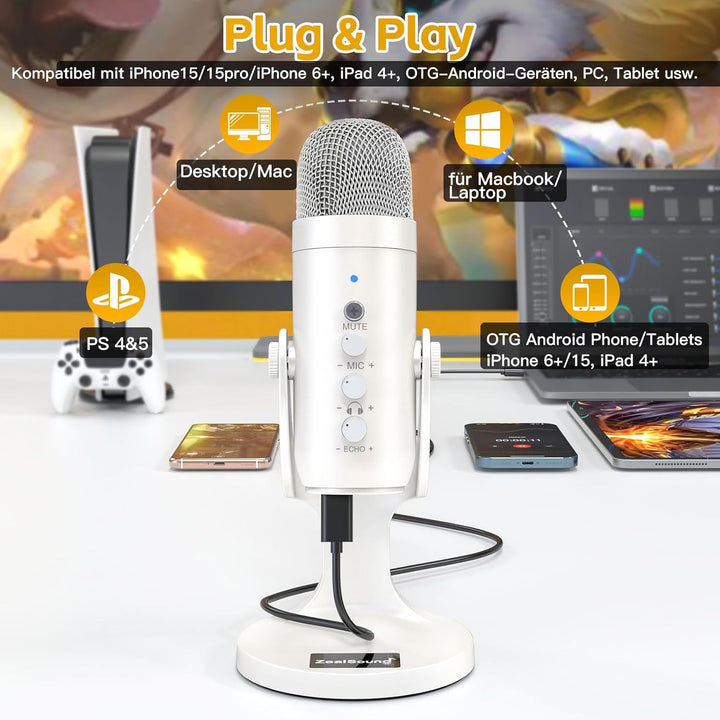 zealsound USB Mikrofon mit Rauschunterdrückung, Mute, Echo & Gain, für PC, Mac, iPhone, Android, PS4