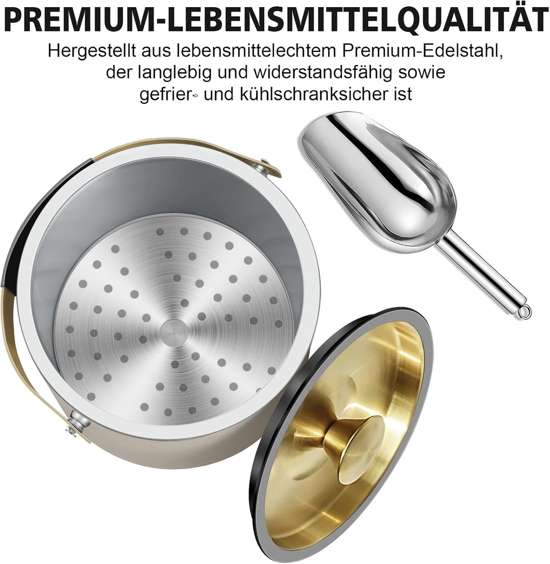3.2L Moderner isolierter Eiskübel mit Silikondeckel, Tong, Sieb, doppelwandiger Eiskübel aus Edelsta
