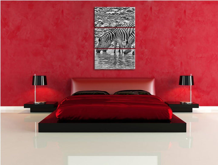 Pixxprint Zebraherde am Wasserloch als Leinwandbild/Grösse: 3 Teilig (120x80) cm/Wandbild/Kunstdruck