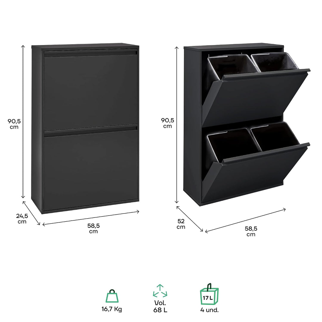 ARREGUI Basic CR606-B Recycling Abfalleimer/Mülleimer aus Stahl, Mülltrennsystem mit 4 entnehmbaren