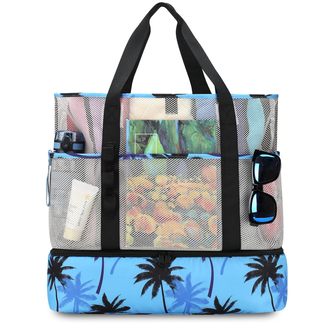8 Taschen Tote Mesh Strandtasche Damen Gross Faltbare mit Wasserdichter Kühltasche für Spielzeugaufb