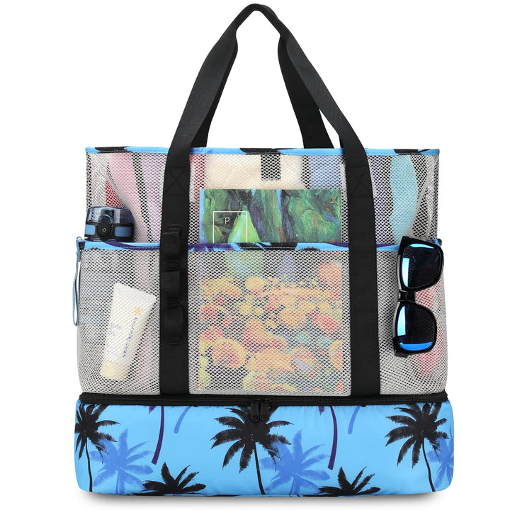 8 Taschen Tote Mesh Strandtasche Damen Gross Faltbare mit Wasserdichter Kühltasche für Spielzeugaufb