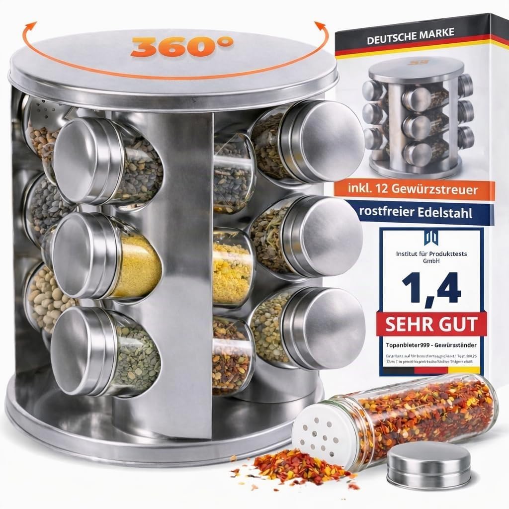 Gewürzregal Set- 12 Gewürzgläser Edelstahl - 360° drehbarer Gewürzständer für Küche -Gewürzkarussell