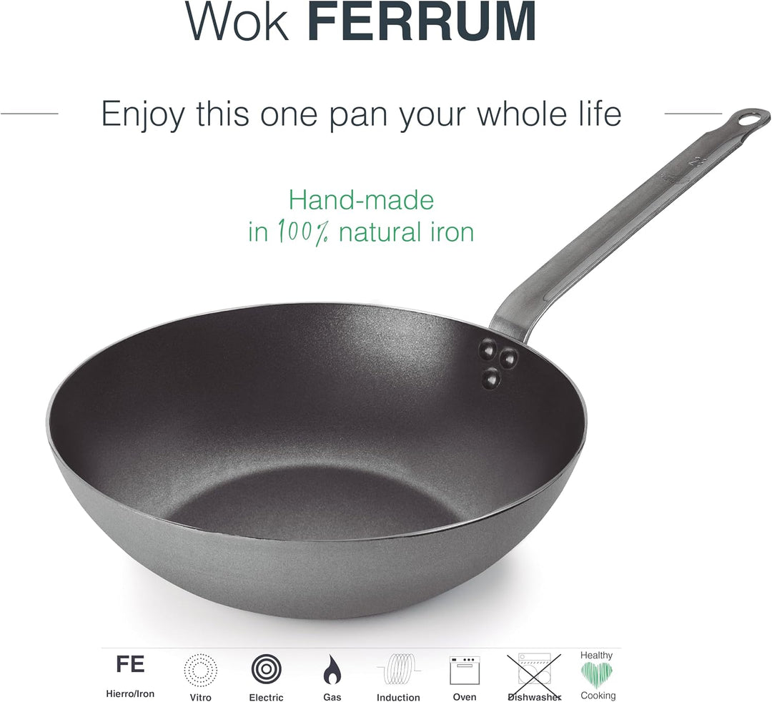LACOR - 63233 - Wok Ferrum, Wok aus 100% natürlichem Eisen mit dreilagiger Antihaftbeschichtung, PFO
