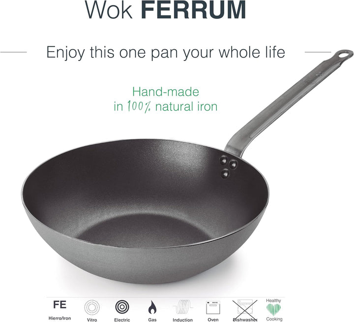 LACOR - 63233 - Wok Ferrum, Wok aus 100% natürlichem Eisen mit dreilagiger Antihaftbeschichtung, PFO