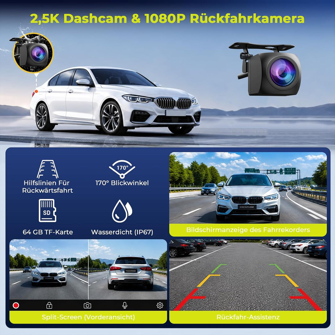 LAMTTO Wireless CarPlay Android Auto Display mit Dashcam 2,5K+1080P, Tragbares 6,86 Zoll HD Touchscr