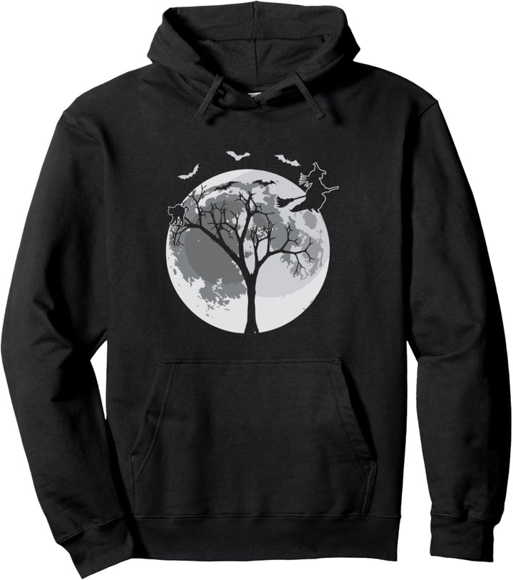 Spooky Halloween Moon Witches Broomstick Pullover Hoodie