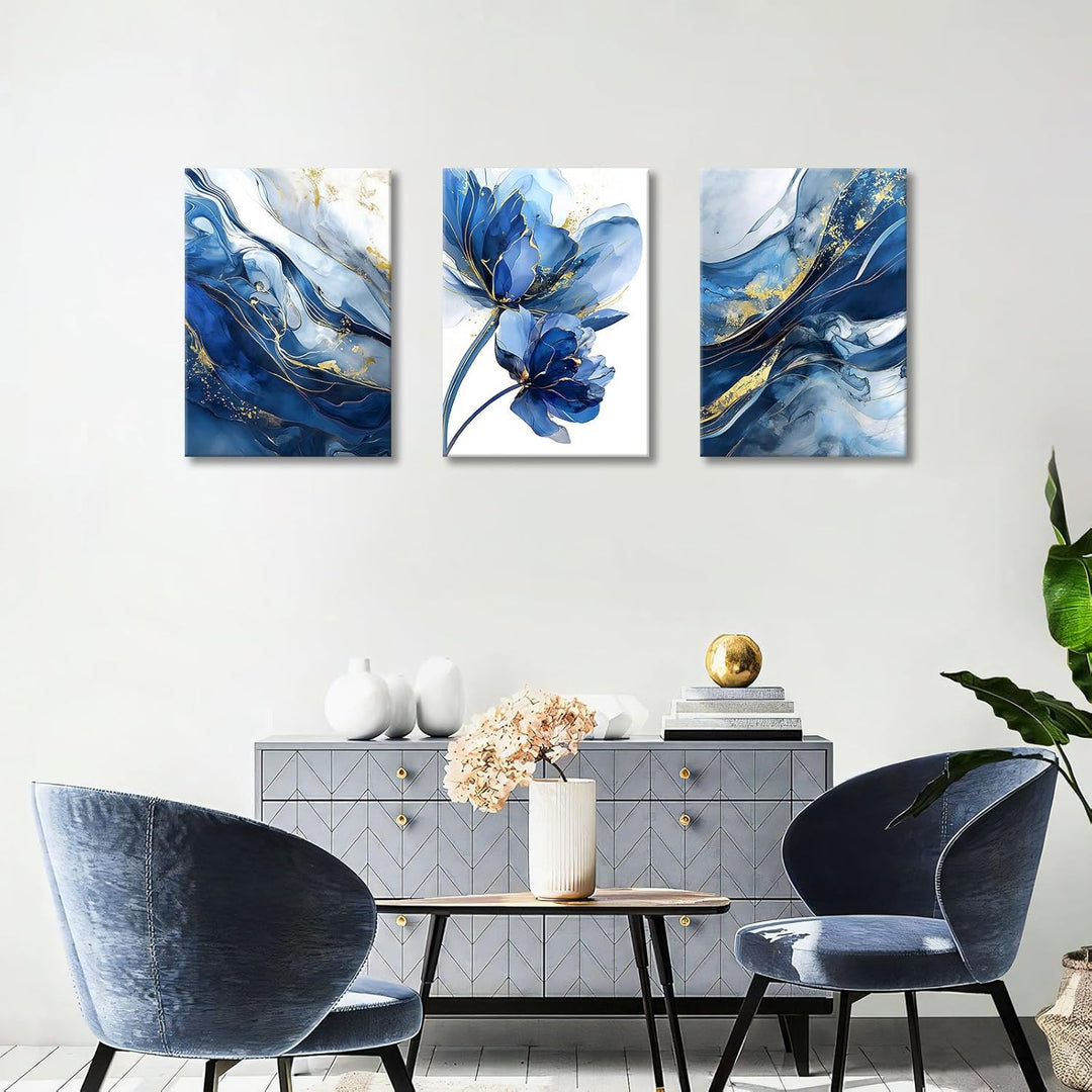 3Pcs Aquarell Gold Blau Lotusblume Mit Rahmen Leinwand Bilder Abstrakt Marineblau Marmor Bild auf Le