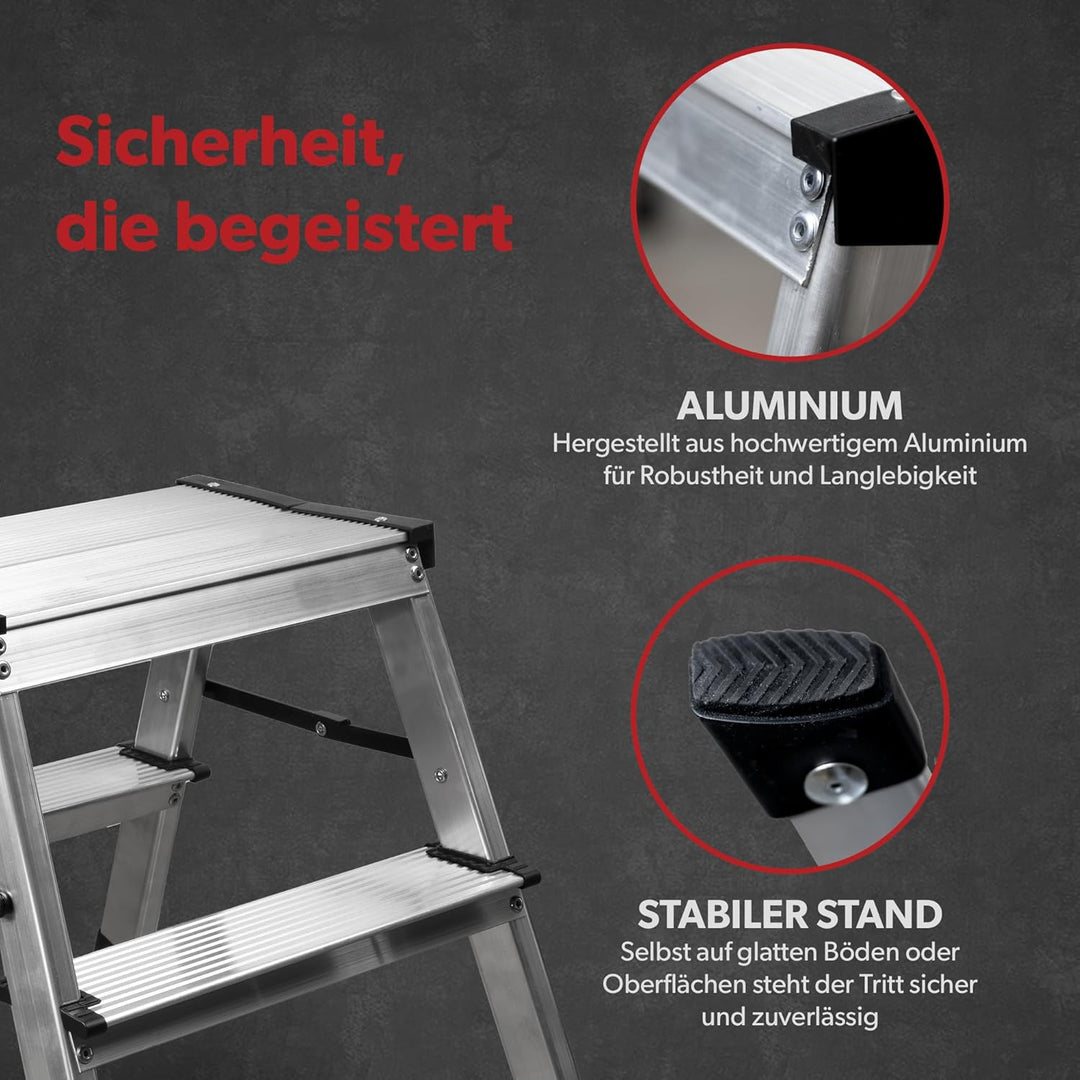 siwitec Alumium-Klapptritt 2 Stufen | Kleine Trittleiter | rutschfeste Standfüsse | 150 kg Traglast