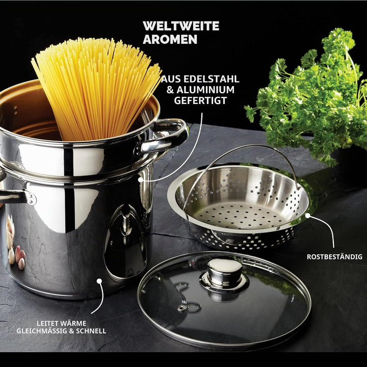 KitchenCraft World of Flavours Pastatopf mit Sieb und Gemüsedampfkorb in Geschenkbox, induktionssich