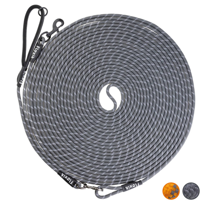 Floxik Schleppleine für Hunde | 5m, 10m, 15m, 20m grau | reflektierende Tauleine mit Abnehmbarer Han