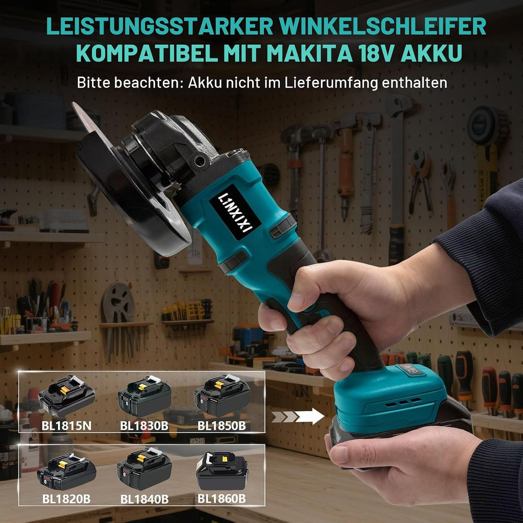 Akku Winkelschleifer Set 115mm (Makita 18V kompatibel), bürstenloser Motor 8500 U/min, inkl. 2x 2.0A