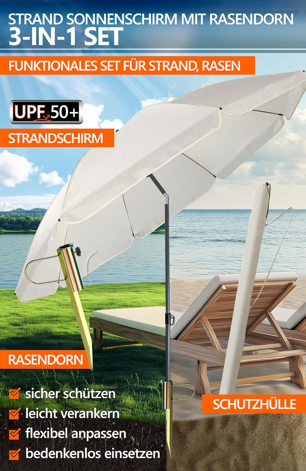 4smile Sonnenschirm Strand in Beige, 3er Set - Strandschirm windfest stabil + Rasendorn Sonnenschirm