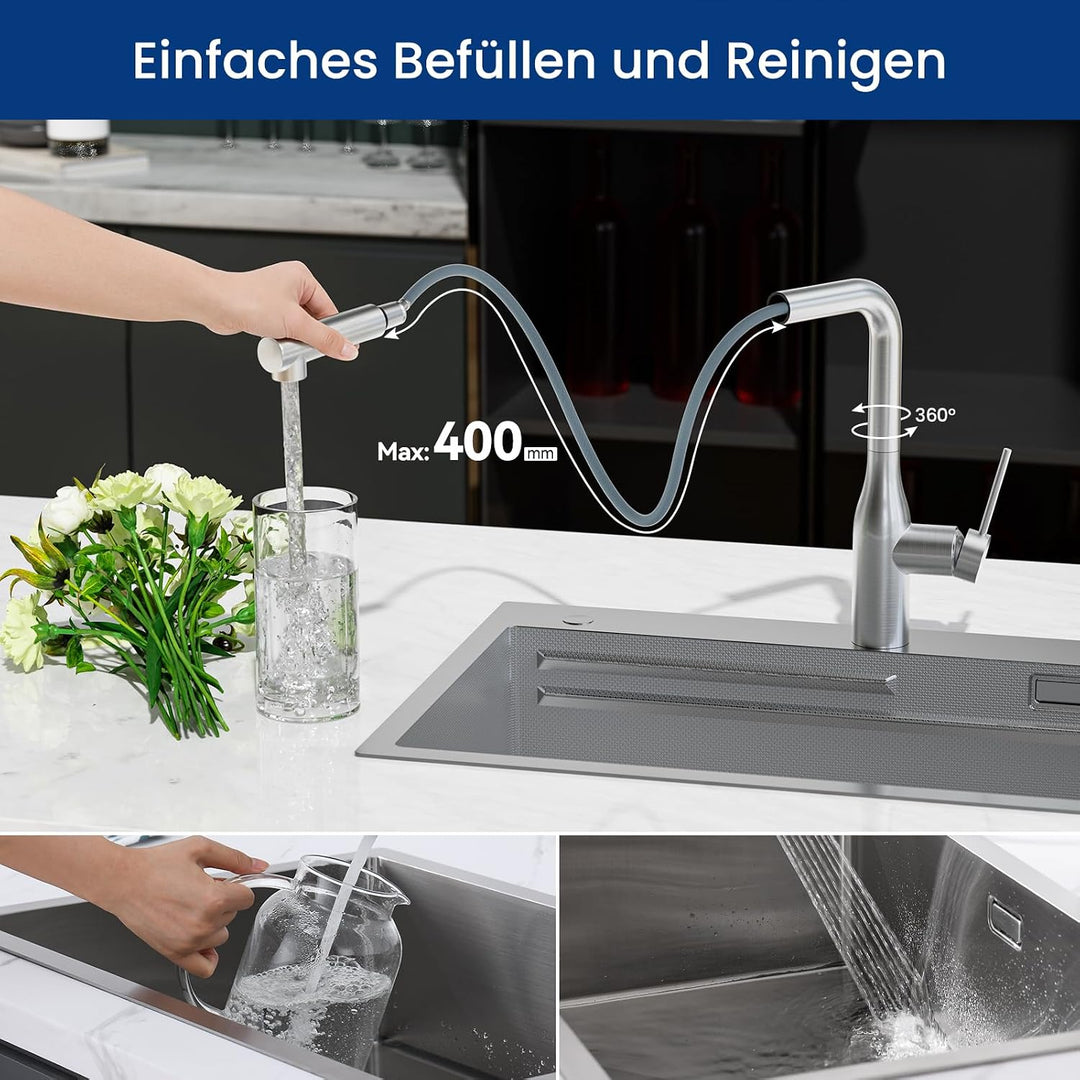 CECIPA Wasserhahn Küche Ausziehbar, Hochdruck Küchenarmatur Edelstahl, 360° Schwenk Armatur Küche, R