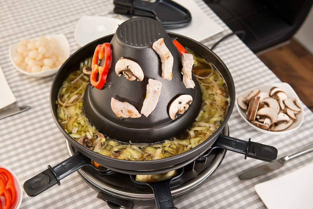 Rosenstein & Söhne Tartarenhut: Elektrischer 3in1-Tatarenhut- & Raclette-Grill mit Fondue-Rinne, für