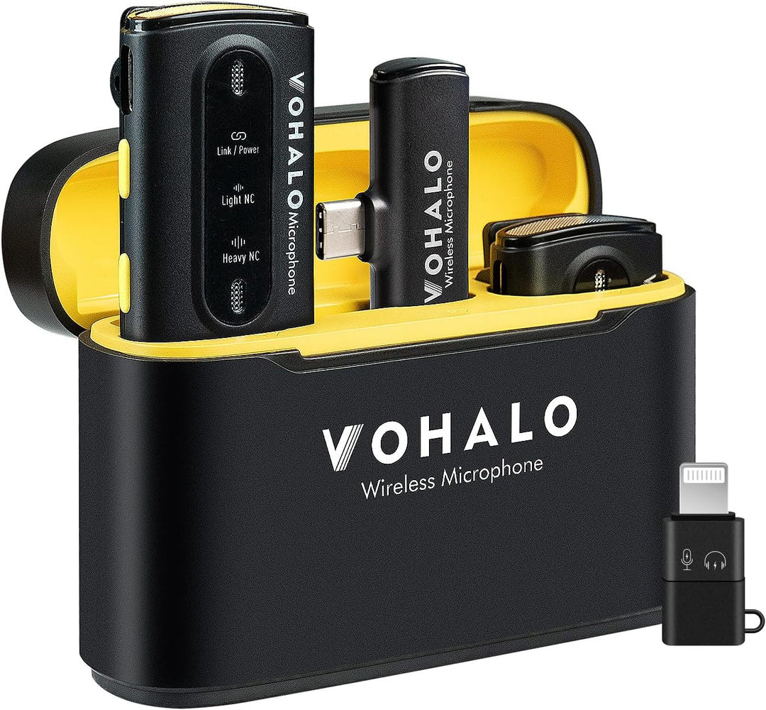 VOHALO Wireless Lavalier Mikrofon für iPhone iPad Android mit Ladekoffer 2.4G Dual 30 Stunden Spielz