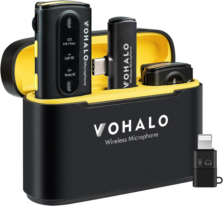VOHALO Wireless Lavalier Mikrofon für iPhone iPad Android mit Ladekoffer 2.4G Dual 30 Stunden Spielz