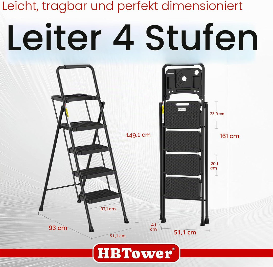 HBTower Trittleiter 4 Stufen klappbar, Leiter mit Breitem Anti-Rutsch-Pedal, Trittleiter mit Bequeme