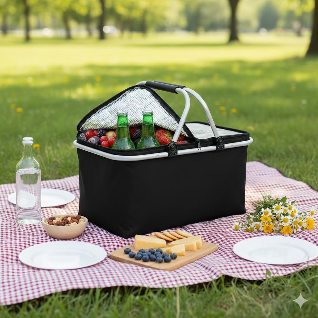 Kühltasche Gross 43x23x21 cm - Isolierte Picknickkorb Thermo mit Aluminiumrahmen - Kühlkorb für Büro