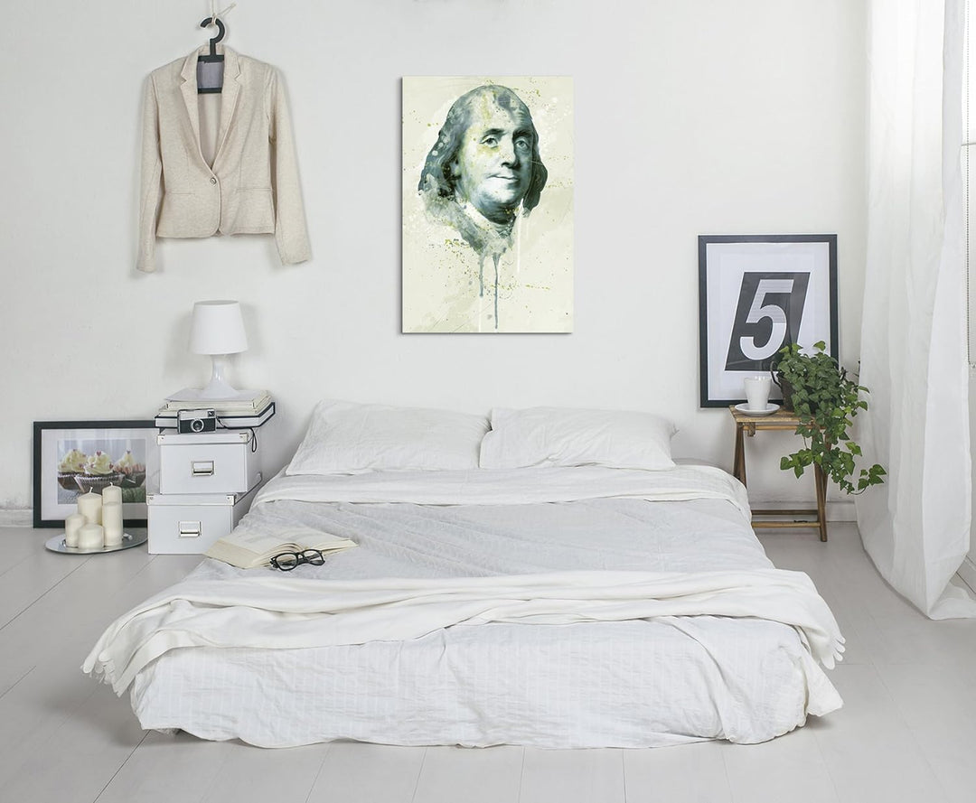 Benjamin Franklin Aqua 90x60cm - Splash Art Paul Sinus Wandbild auf Leinwand - Malerei, Kunstbild, A