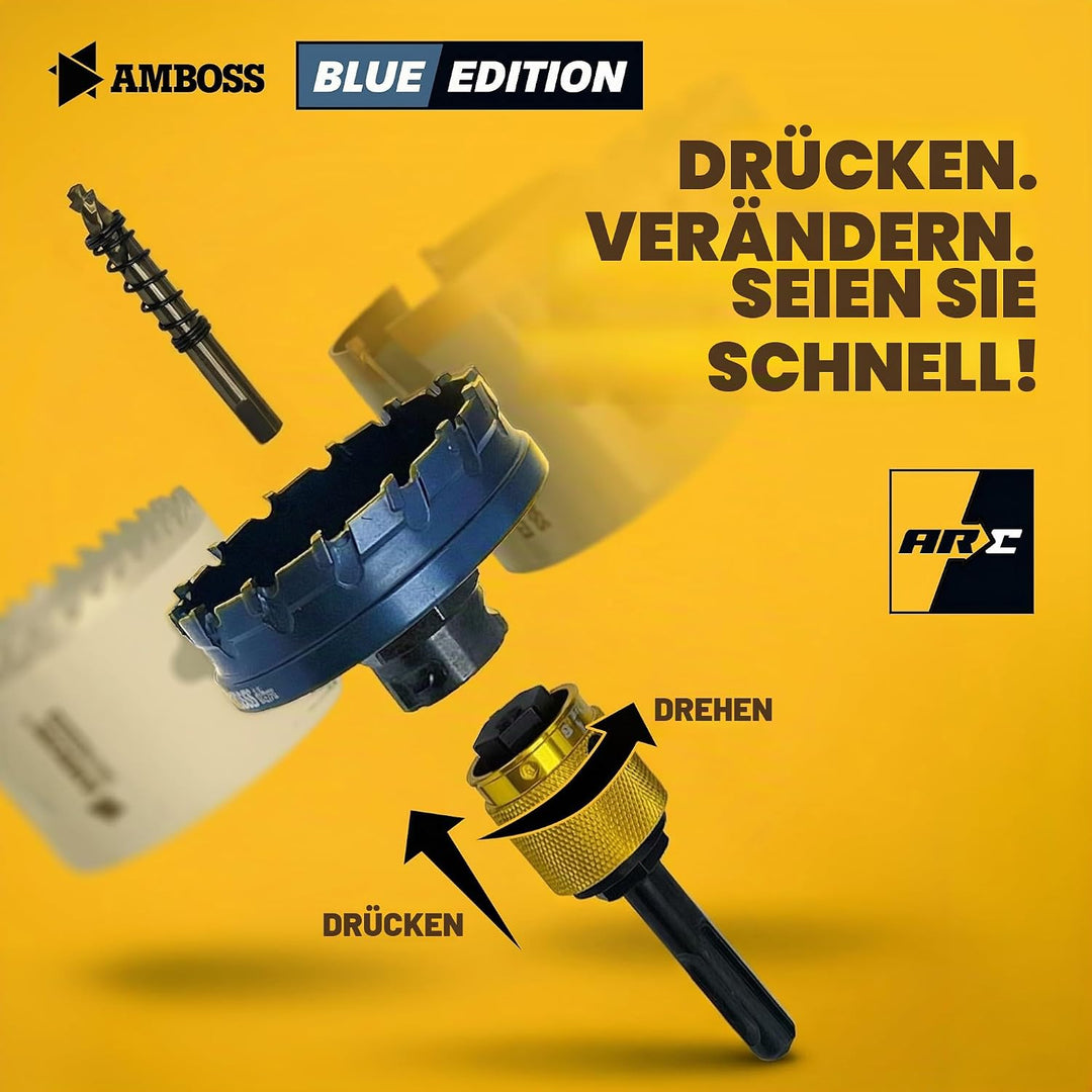 HM Flachschnitt Rapid Change Lochsägen Set Amboss Werkzeuge 16/22/25/32/40 mm - BLUE EDITION mit Sch
