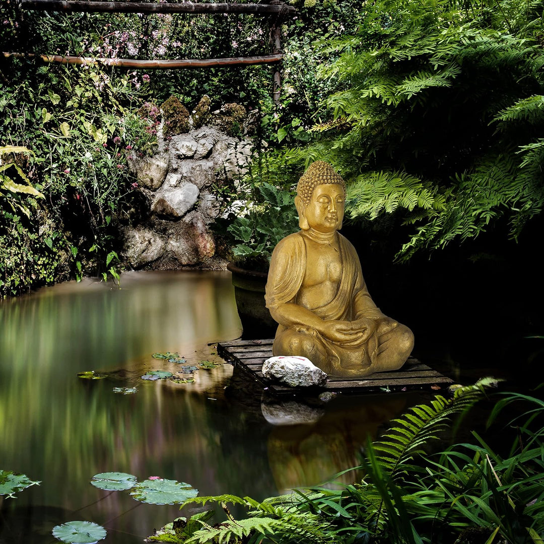 Relaxdays Buddha Figur Garten, wetterfest, frostsicher, XL Gartenbuddha sitzend, Gartenfigur, HBT: 7