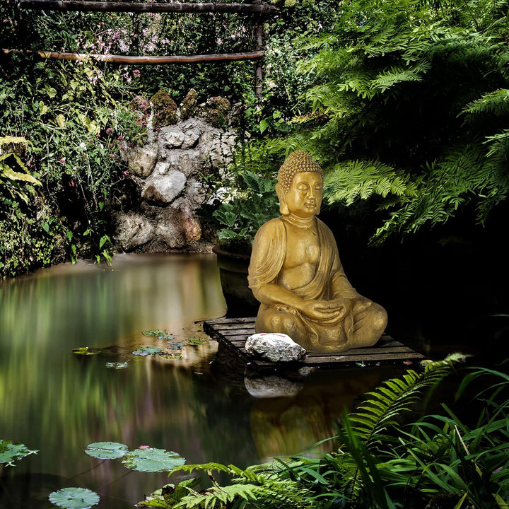 Relaxdays Buddha Figur Garten, wetterfest, frostsicher, XL Gartenbuddha sitzend, Gartenfigur, HBT: 7