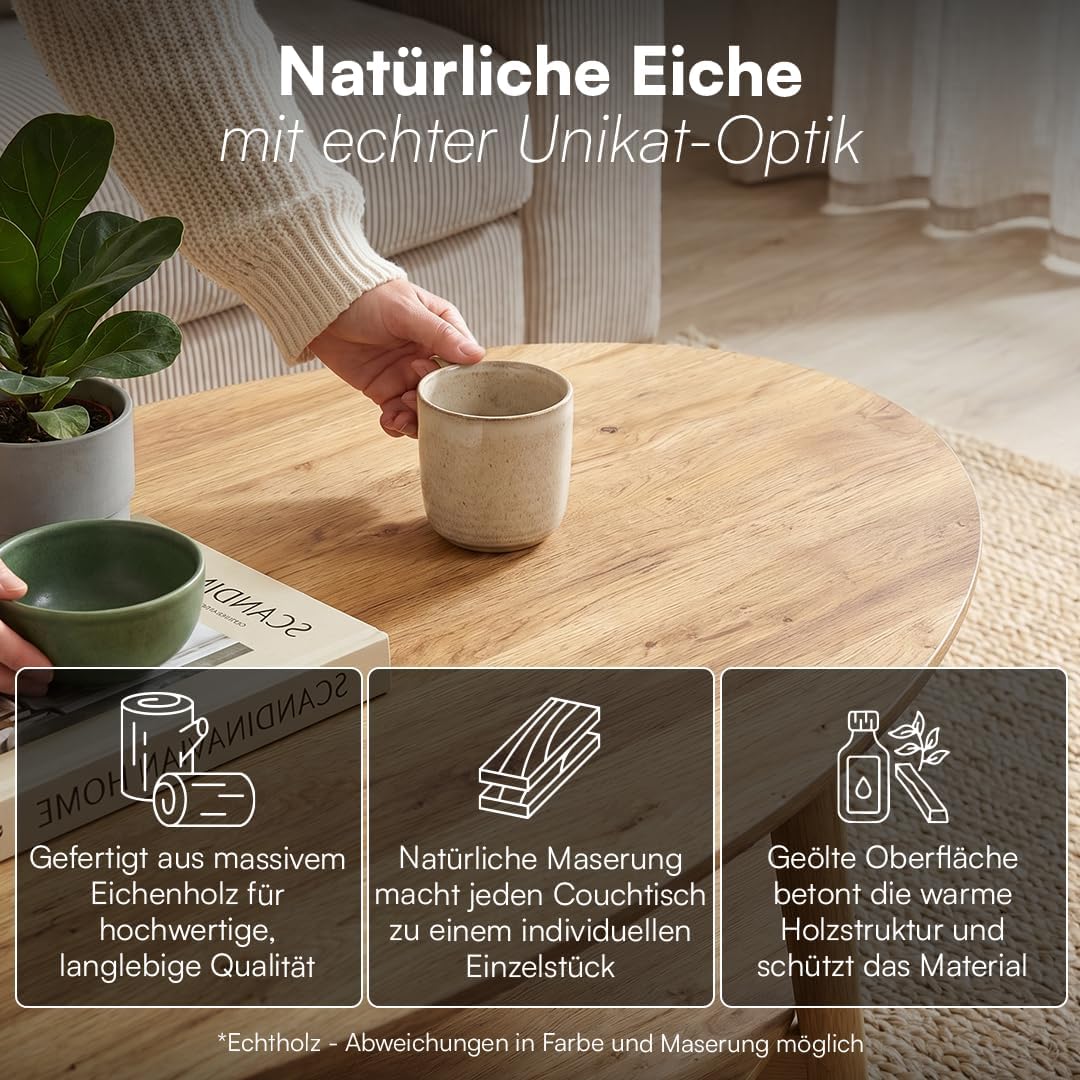 skølm Mjölnir Couchtisch oval – Wohnzimmertisch aus Eiche Massivholz – Sofatisch mit 2 Ablagen – kle