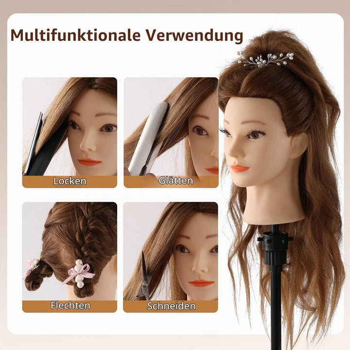 Frisierkopf 80% Echthaar Übungskopf 24 Zoll Frisieren Puppenkopf Trainingsköpfe für Friseure Ausbild
