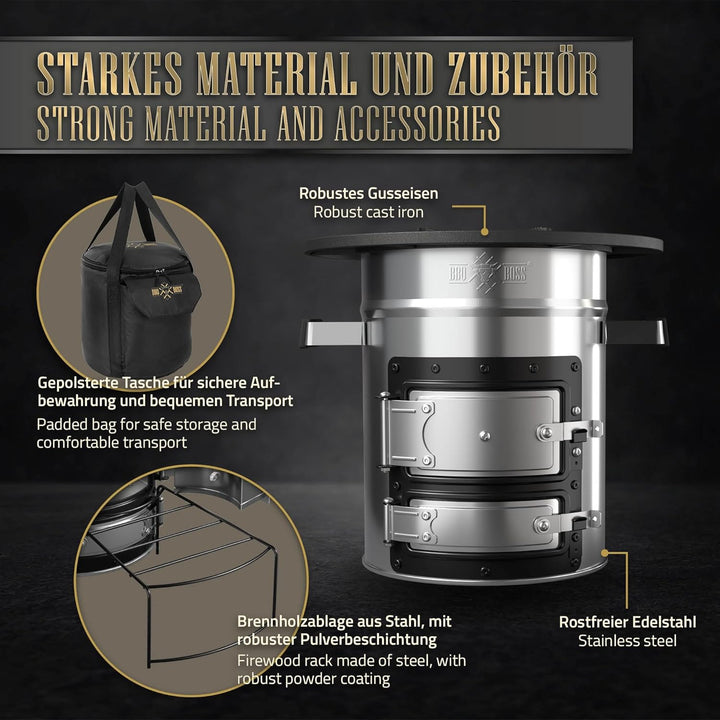 BBQ#BOSS Raketenofen mit Grillpfanne, Tragetasche und Power Ring, Silber, Campingkocher Holz mit Bre