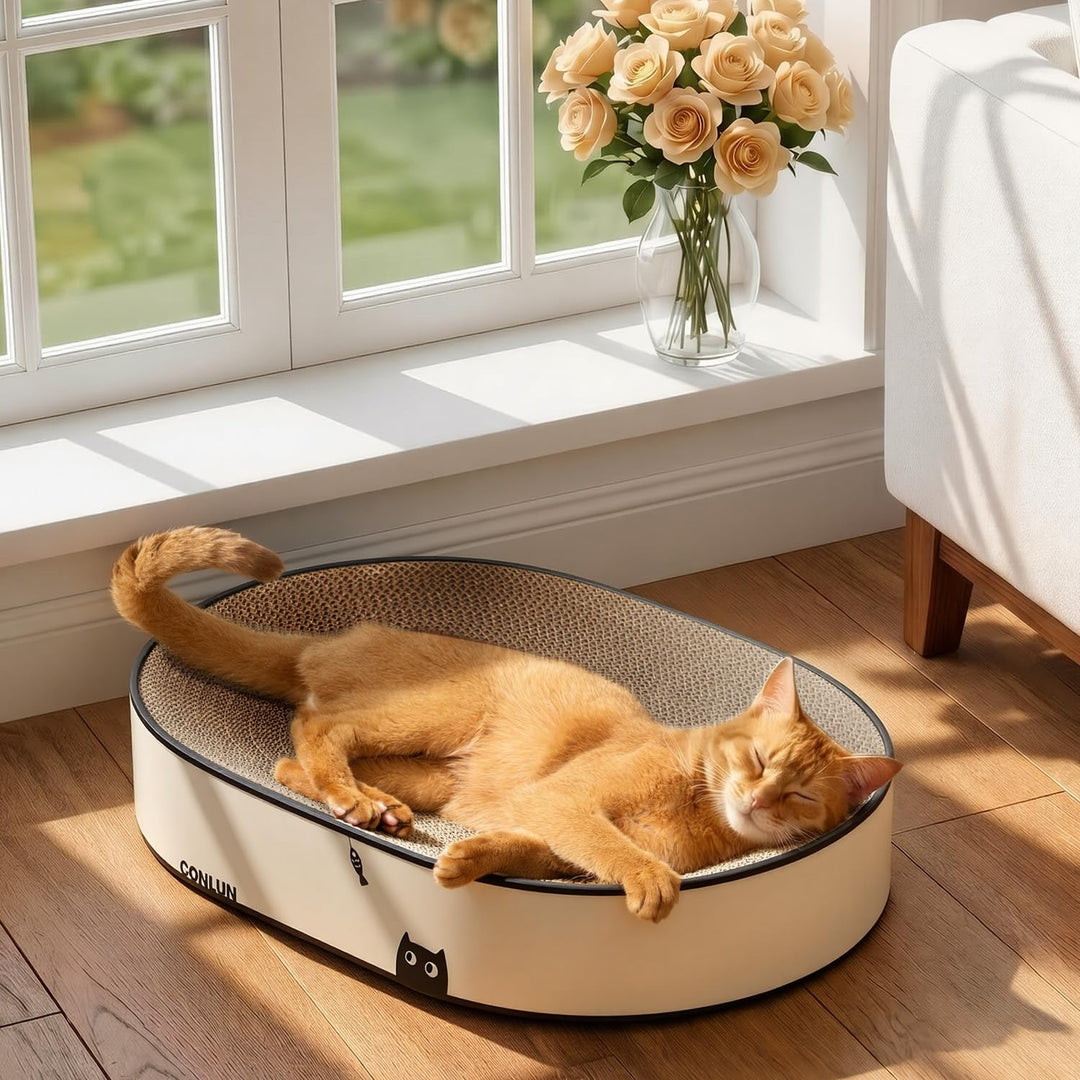 Conlun Ovales Katzen-Kratzbrett aus Pappe, Geschlossener Boden, Grosse | 2-in-1 Kratzlounge, Stabile