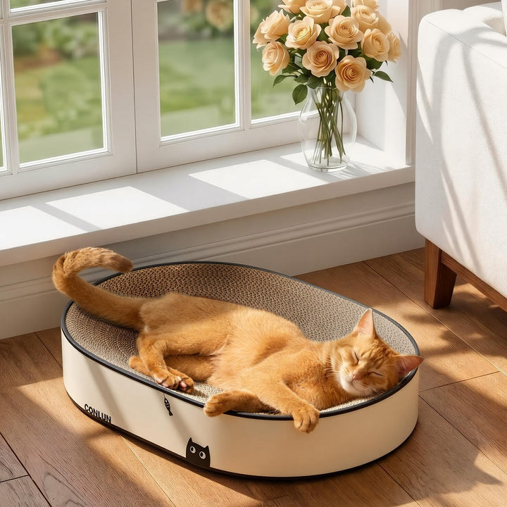Conlun Ovales Katzen-Kratzbrett aus Pappe, Geschlossener Boden, Grosse | 2-in-1 Kratzlounge, Stabile