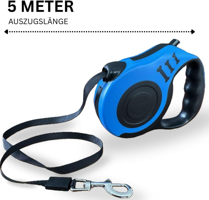 Hundeleine Reiseset 3in1 mit 5 m Rollleine Automatik, faltbarem Napf & Kotbeutelspender – Blau