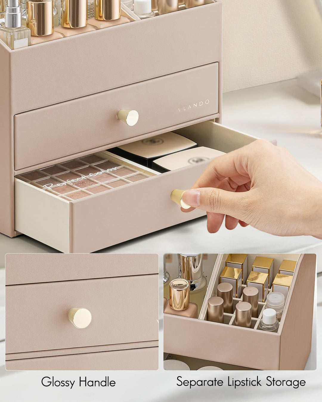 VLANDO Make up Organizer mit 3 Schubladen, Schminktisch Kosmetik Skincare Parfüm Organizer, für Bade