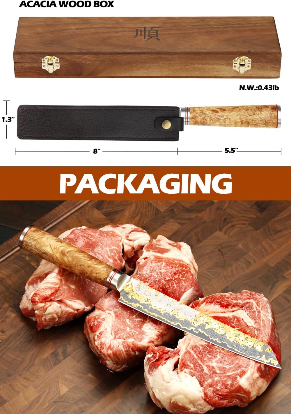 YOUSUNLONG Sujihiki Slicing-Messer,205mm Sashimi-Sushi-Messer,Handgefertigter Kupfer-Damaszener-Stah