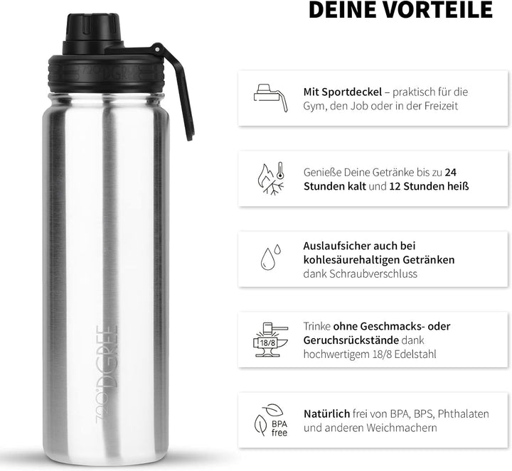 720°DGREE Edelstahl Thermo Trinkflasche 710ml “noLimit” +Früchtebehälter - Auslaufsicher, Kohlensäur