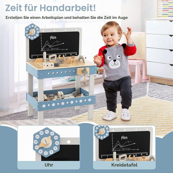 DREAMADE Werkbank Kinder, Werkzeugbank für Kinder aus Holz mit 61 Zubehör, Werkzeug Spielzeug Set mi