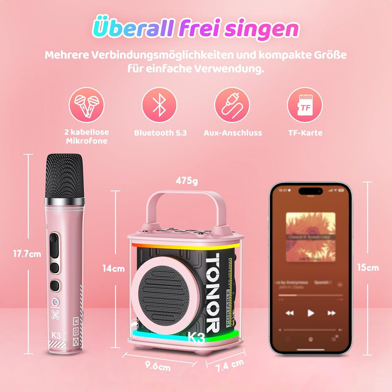 TONOR Mini-Karaoke-Maschine mit zwei kabellosen Mikrofonen, tragbarer Bluetooth-Karaoke-Lautsprecher