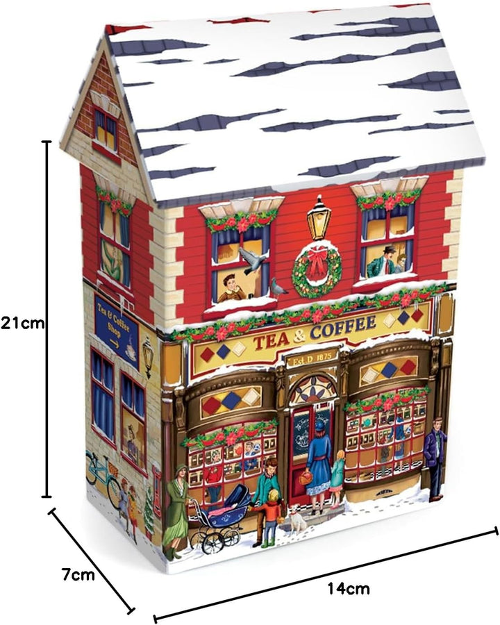 Blechdose in Form eines Stadthauses mit Vordach Winter Coffee & Tea, Keksdose Deko-Box Retro-Dose, 1